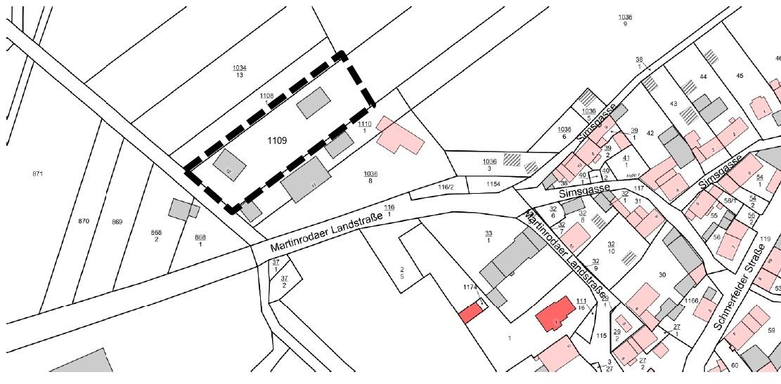 Geltungsbereich Entwurf der Ergänzungssatzung Nr. 05 der Stadt Ilmenau 'An der Martinrodaer Landstraße' im Ortsteil Heyda (ohne Maßstab)